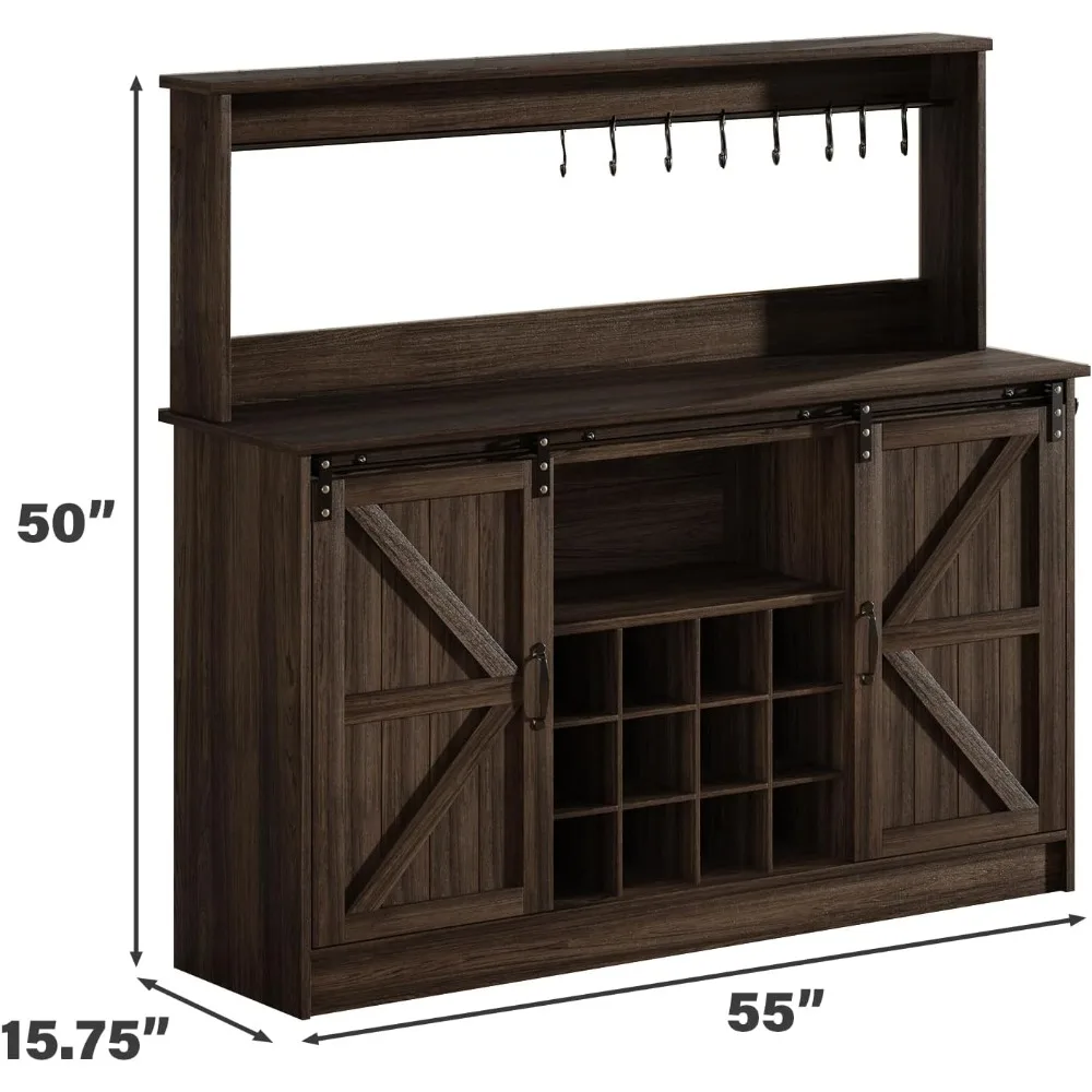 Farmhouse Coffee Bar Cabinet with 8 Hooks, 55” Kitchen Hutch Cabinet with Storage, Gray Coffee Bar with Sliding Barn Doors