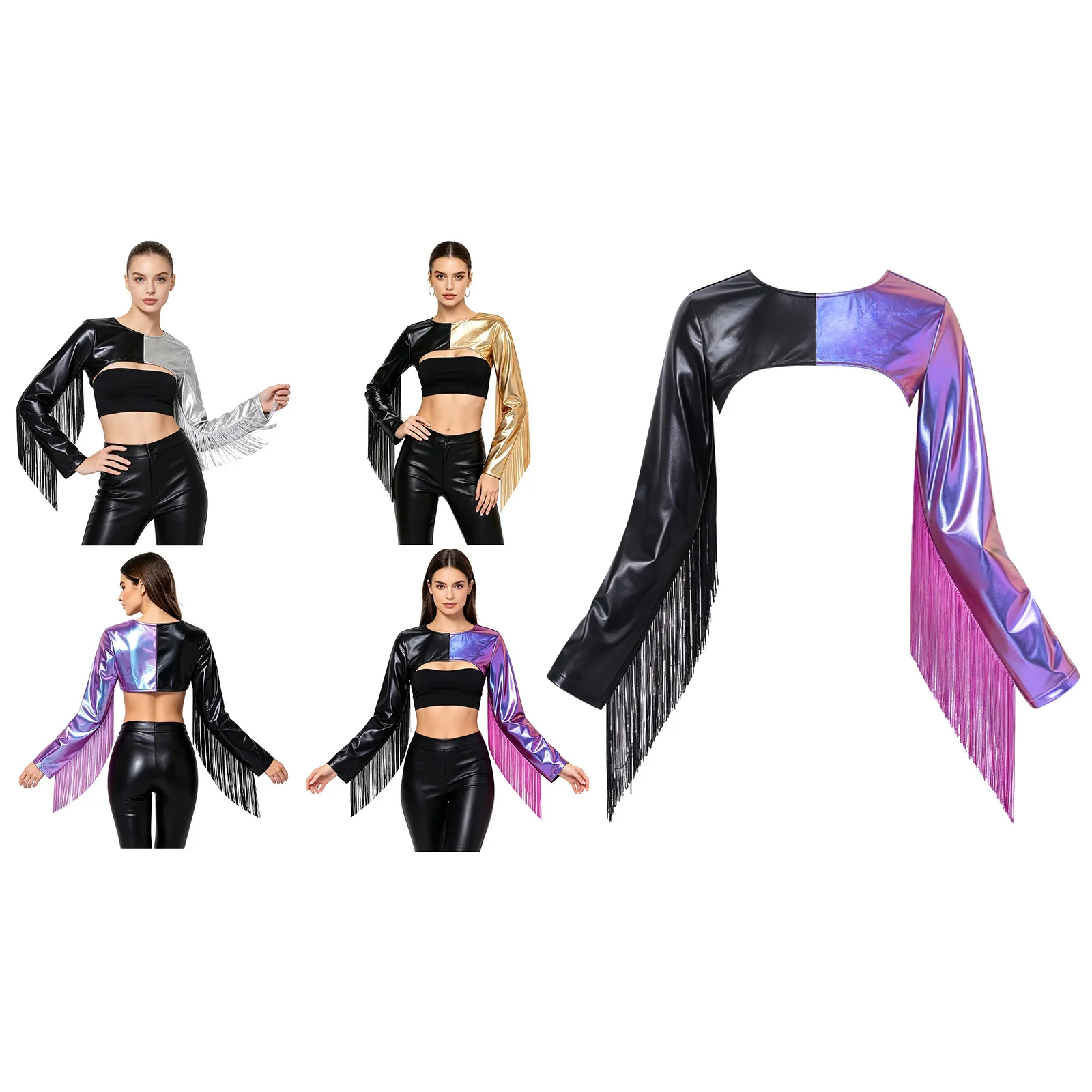 Women 70s Disco Dance Crop Top Music Festiva Nightclub Cocktail Party Fringed Jazz Dance Costume Streetwear Shoulder Armor Shrug
