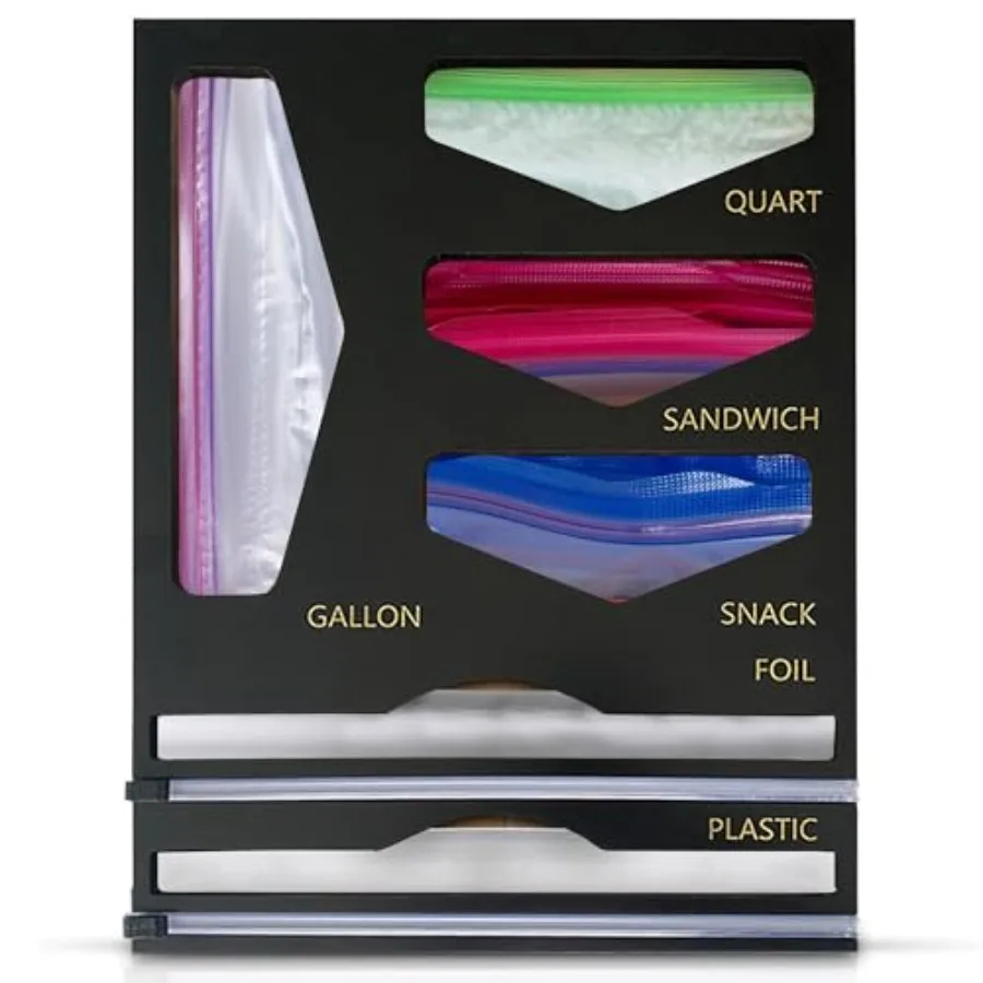 

6-in-1 Bamboo Food Storage Bag Organizer for Drawer Holds Gallon Quart Sandwich Snack Bags and 12" Foil or Plastic Rolls - Plas