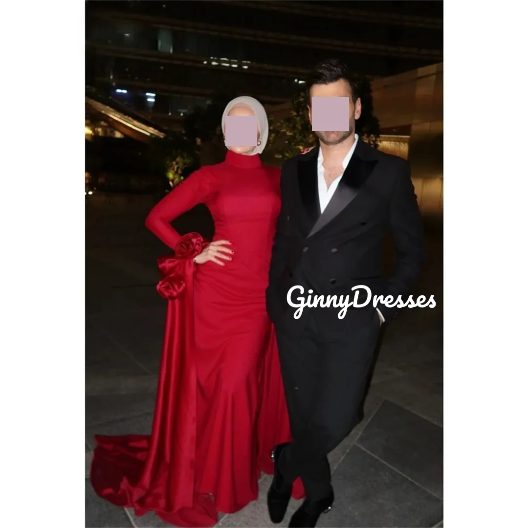 تخصيص فساتين السهرة الأحمر ألف خط عالية مغرفة العنق الطابق طول فساتين السهرة الفاخرة الزهور سستة حتى الأكمام الطويلة الرسمية #2