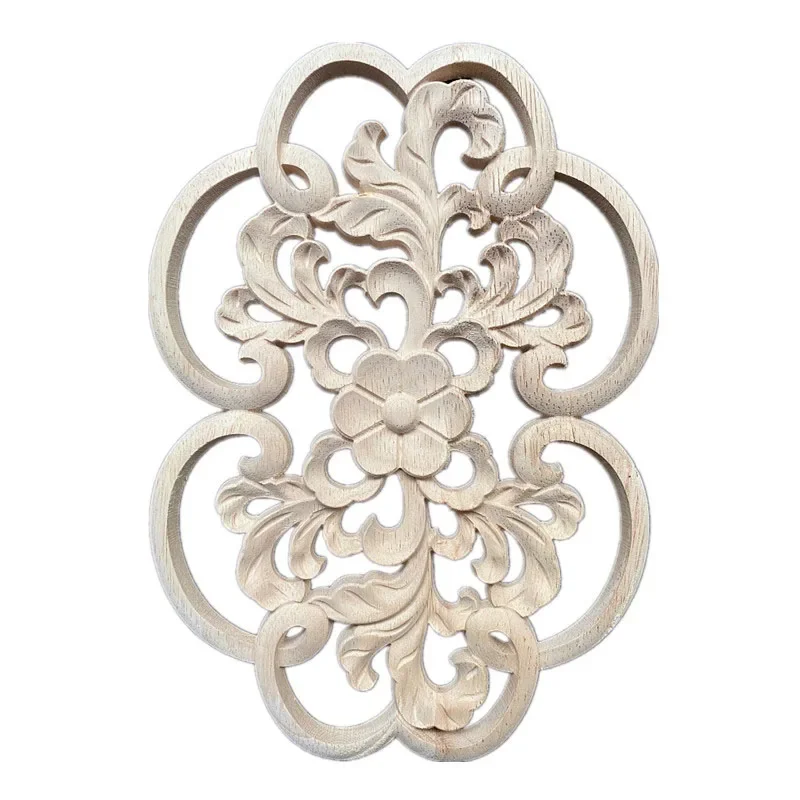 24cm Solid Wood Door Heart Flower Carved Applique Onlay Woodcarving Oval Hollow Decal Home Furniture Decor Ornament