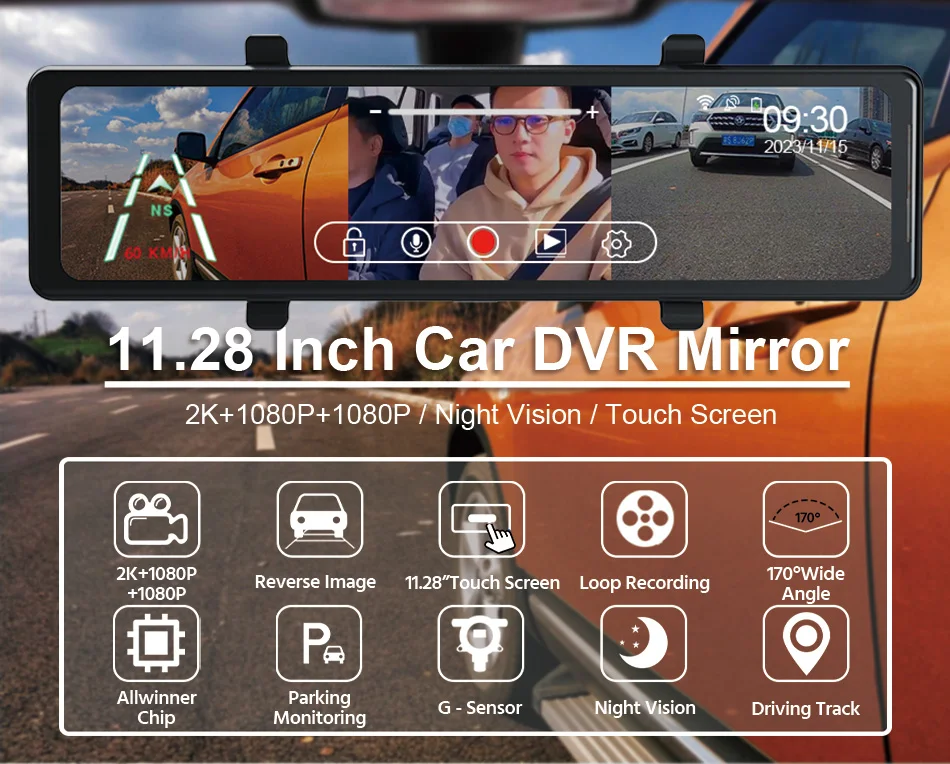 360-Digree Dash Cam Car 2.5K Mirror WiFi 3 kamery DVR Car Mirror Recorder 12-calowa kamera z kamerą cofania 24H Rejestrator GPS