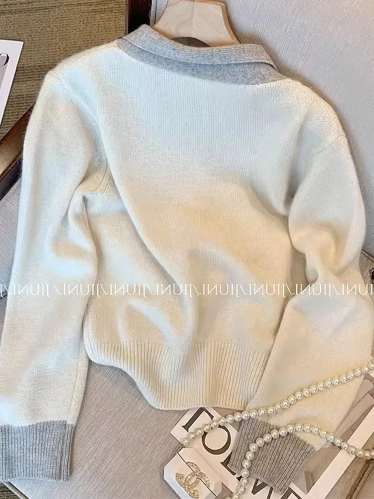 Maglione lavorato a maglia di lusso di moda di alta qualità Vintage con scollo a v manica lunga pullover bianchi Office Lady Chic autunno inverno