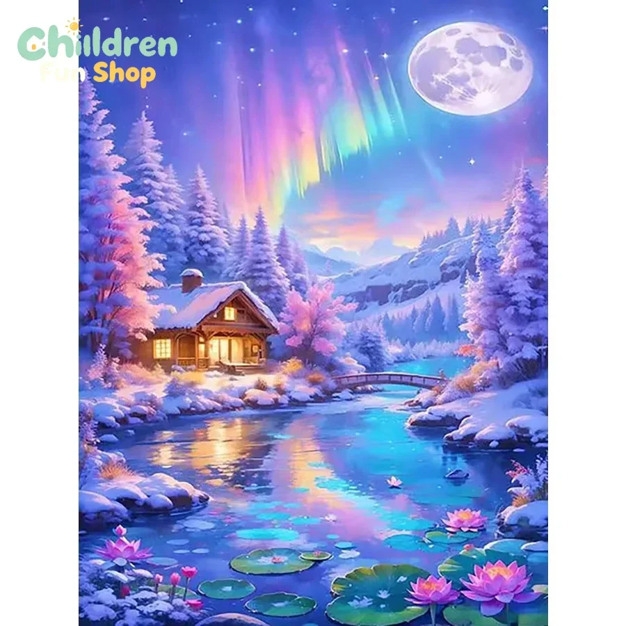 DIY Aurora Snow Cabin Diamond Painting Full Moon Pine Forest Lotus Stream Winter Wall Decor Handmade Art Exquisite Gift,No Fra