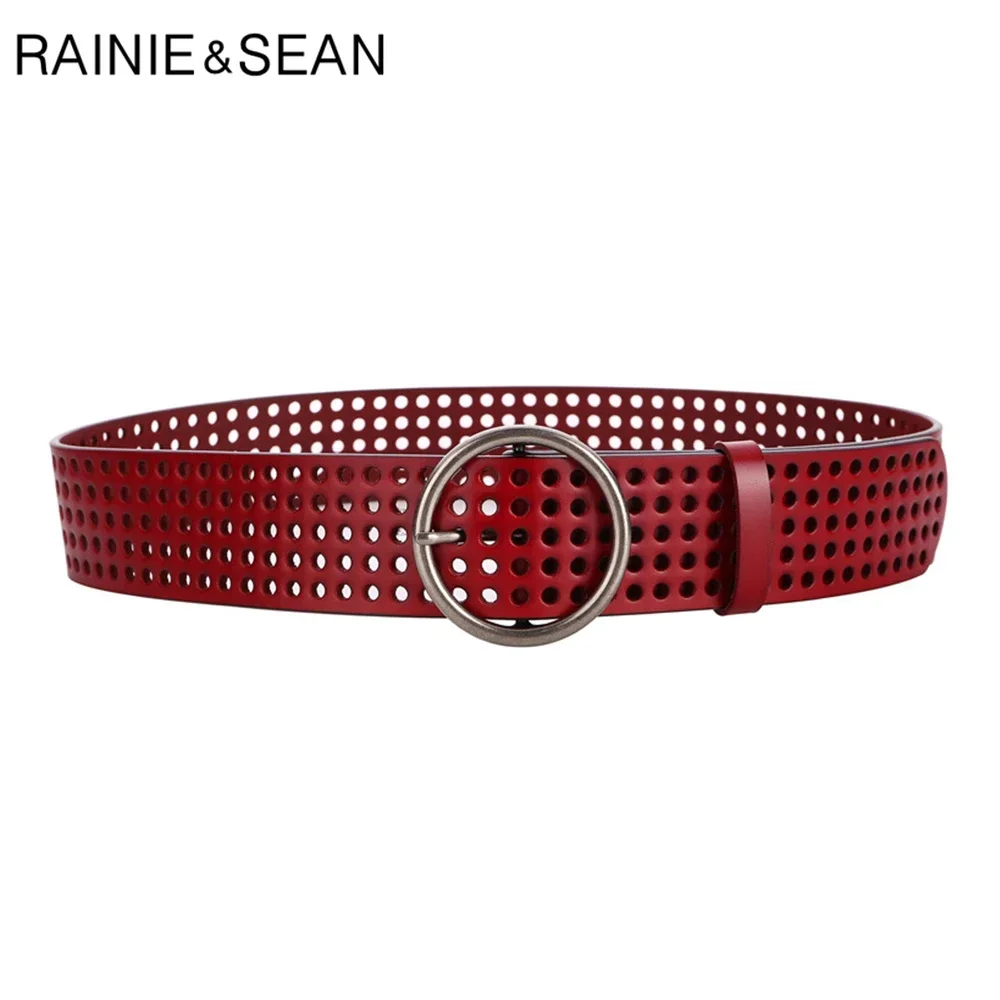 

Red Women Belt for Dress Hollow Out Leather Wide Waist Belt Round Buckle Solid Fashion Brand Ladies Belt Holes black New Design