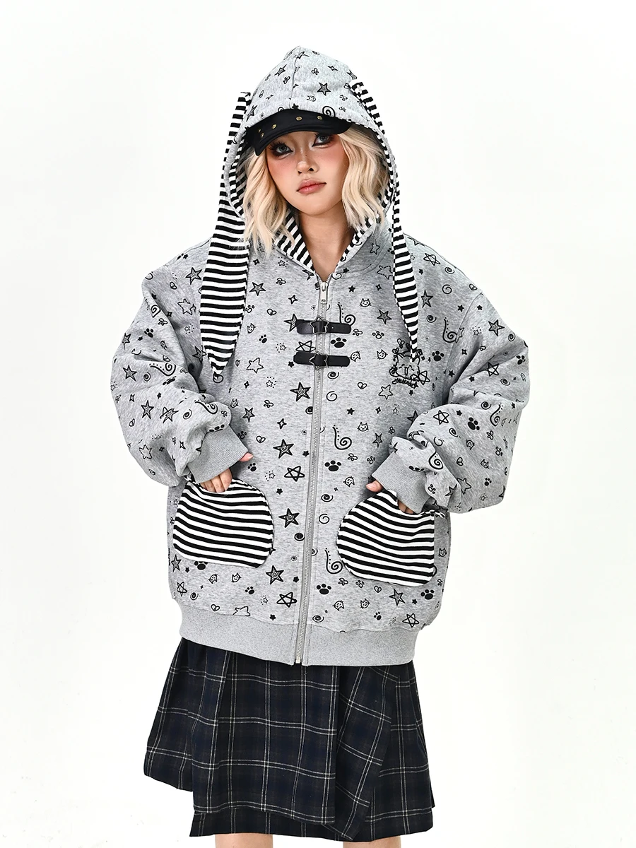 

Весна 2026: Женская свободная толстовка-кардиган в стиле BF с принтом, ушками кролика и звездами, теплая уличная повседневная верхняя одежда