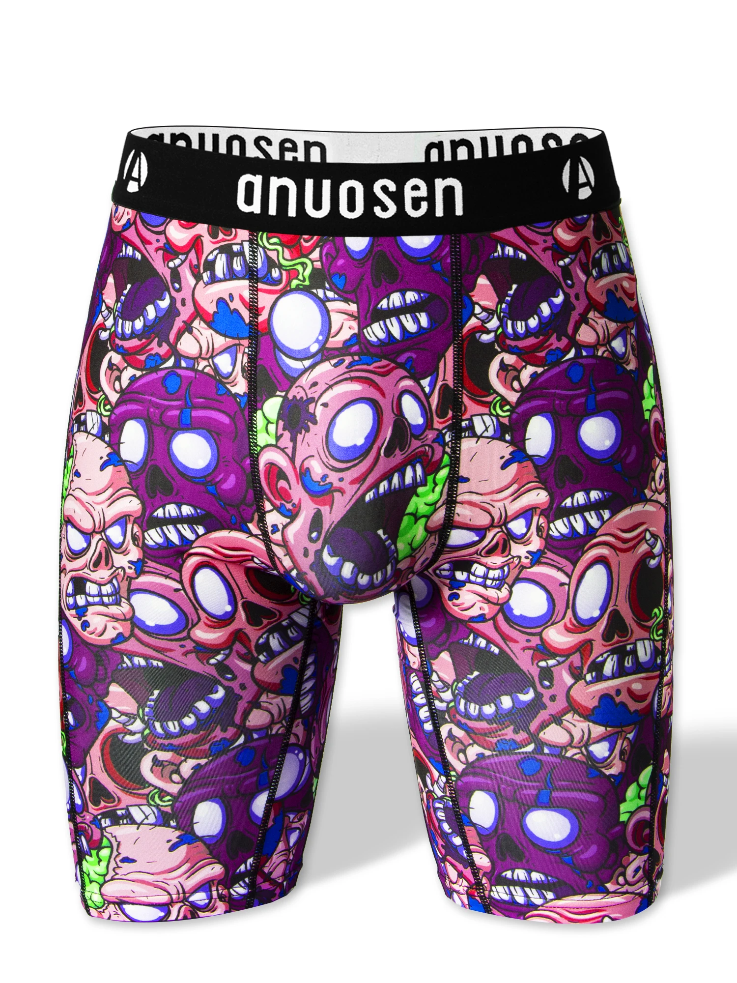 Ropa interior deportiva larga para hombre con etiquetado de talla estándar y estampado, que absorbe la humedad, calzoncillos bóxer deportivos estilo vacaciones de verano, ropa interior masculina con estampado de calavera de zombie a la moda, calzoncillos bóxer deportivos personalizados estilo urbano, calzoncillos bóxer masculinos con estampado creativo de calavera de zombie, calzoncillos bóxer de cintura media transpirables de alta elasticidad con estampado completo, ropa interior de longitud extendida, antirozaduras durante el ejercicio, calzoncillos bóxer masculinos transpirables, elásticos y cómodos, estilo casual, ropa interior deportiva con estampado de dibujos animados y grafiti original.