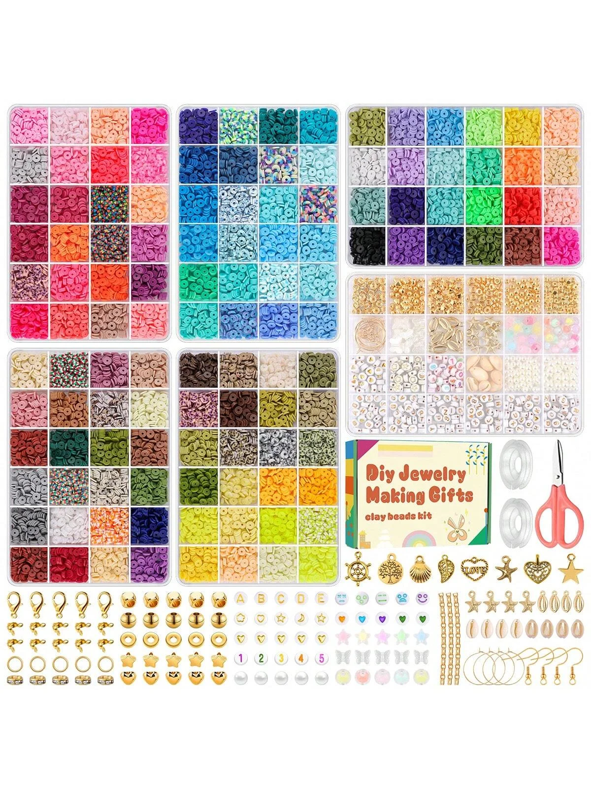 

12,000pcs Accessory Beaded Bracelet Set, Flat Round Polymer Clay Beads Spacer Pendant Jewelry Making Materials, Black Stone Lett