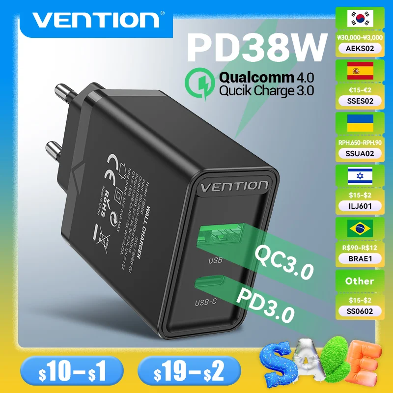 

Vention 38W Fast USB Charger Type C PD Fast Charging for iPhone 13 11 USB Quick Charge with QC 4.0 3.0 USB Portable Phone Charge