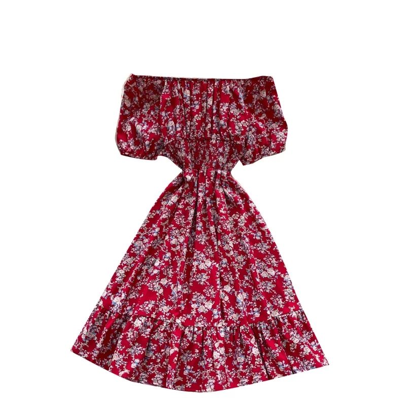 Boho women summer sexy off shoulder floral print short dress vintage elastic waist ruffles vestido de festa beach a-line dress