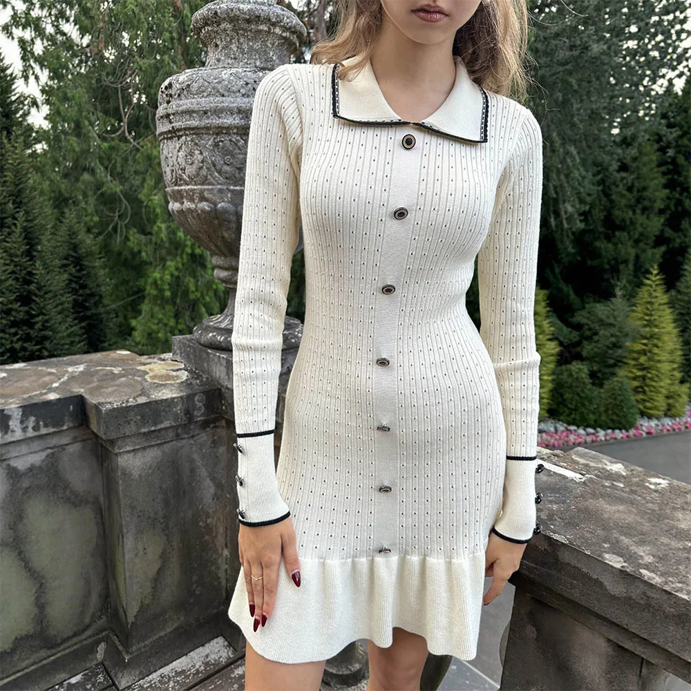 UNIKTEE Women's Plain Long Sleeve Shirt Collar A-Line Mini Dress Autumn Winter French Fashion Daily Wear