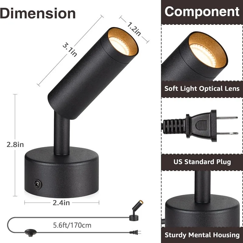 2 Pack LED Wall Light Spotlights Art Display Ambient Lighting Night Lights Dimmable Tri-color Foot Switch 5W AC85-265V US/EU/UK