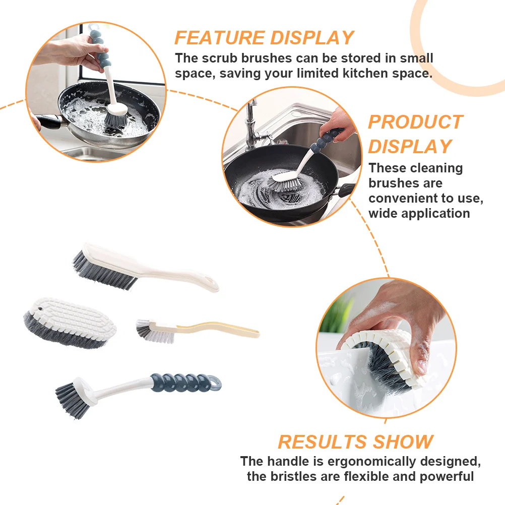 

4Pcs Scrub Brush Set Kitchen Bathroom Cleaning Ergonomic Handle Flexible Bristles Practical Household Cleaning Brushes