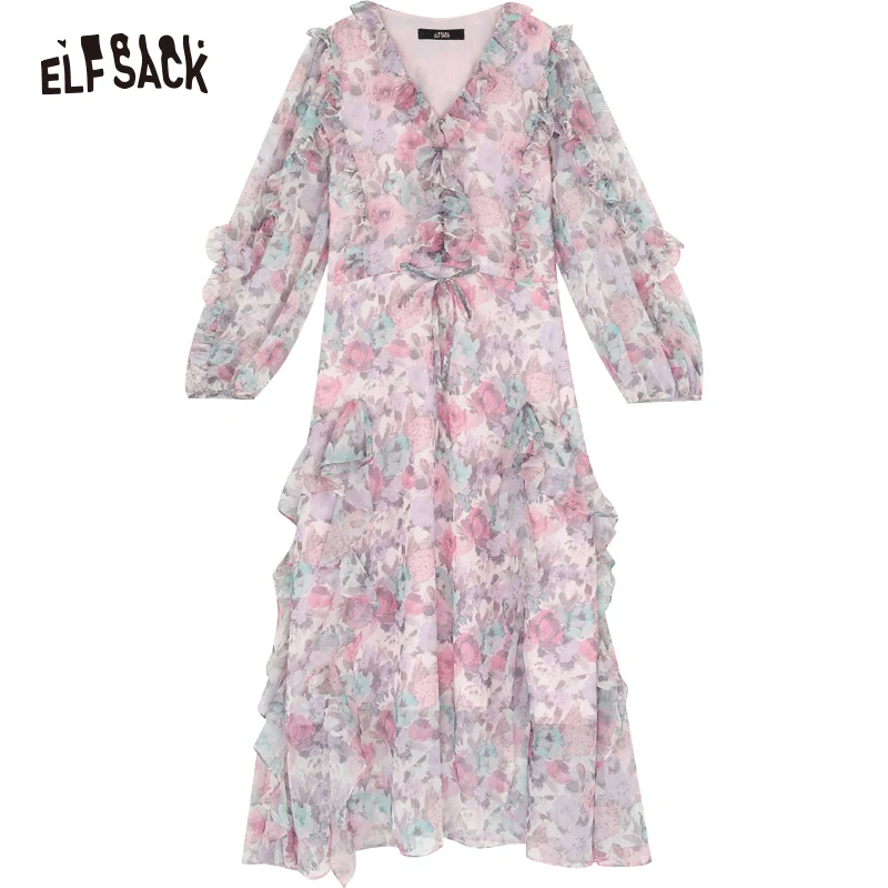 ELFSACK French V-neck floral dress for women in spring 2024, slim waist and stunning holiday dress