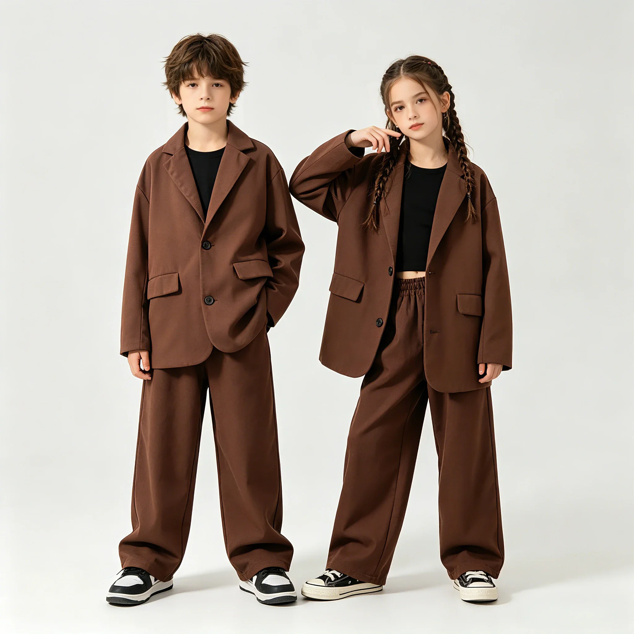 Kids Hip Hop Suit Boys Girls Street Dance Outfit 2Pcs Blazer Pants Set Teen Children Stage Performance Costume Casual Daily Wear