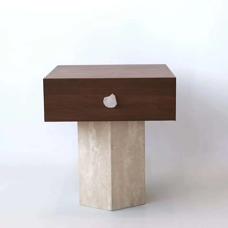 

Столик для гостиной из массива дерева и фанеры с основанием из натурального известняка, журнальный столик