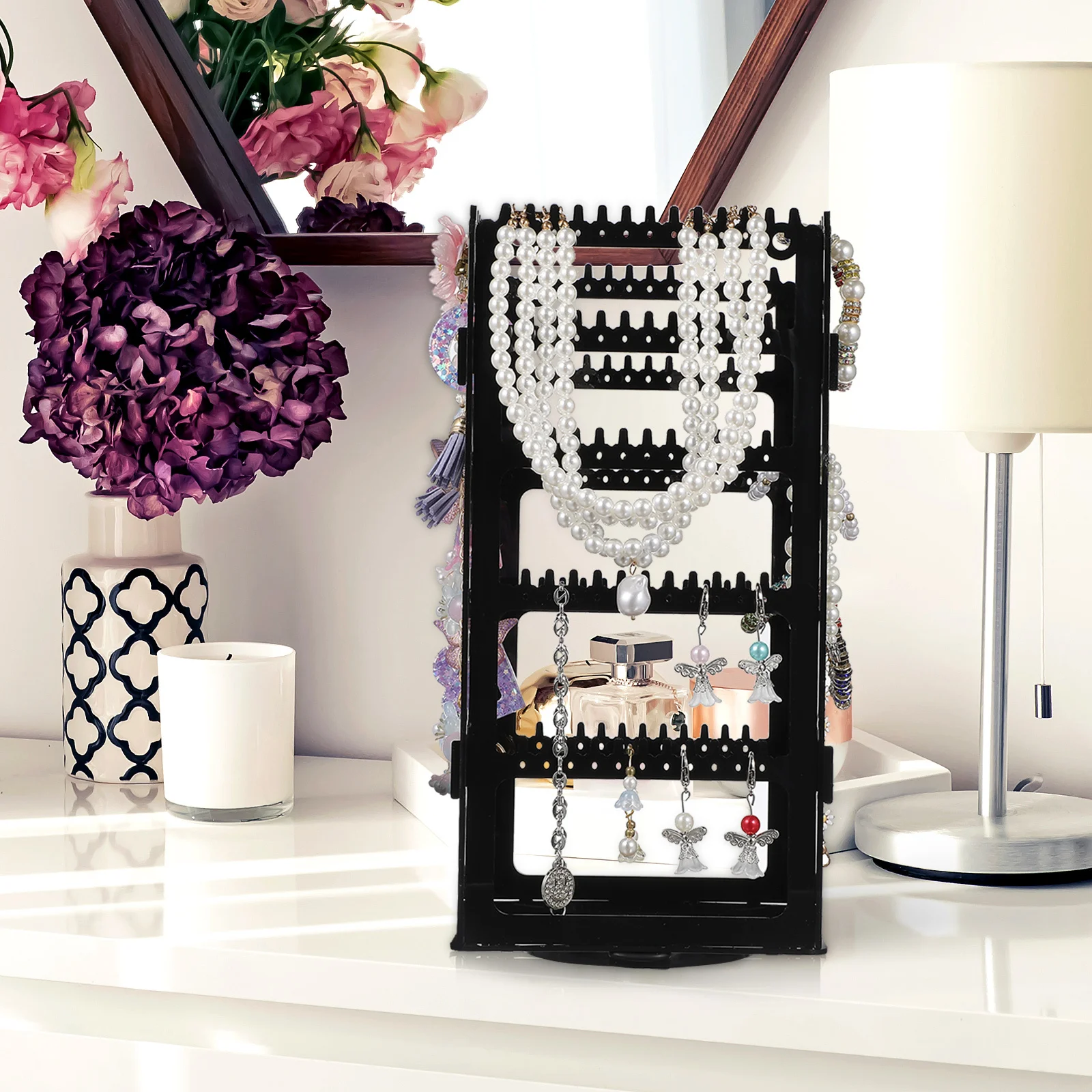 Earring Holder Organizer Rotating 360 Jewelry Display Stand Multifunctional Earrings Necklaces Storage Black Stylish Vanity