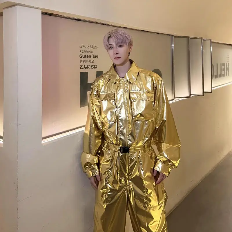 Mens PU Leather Gold Silvery Overall Bodysuit Jumpsuit Biker Style Suit Plain Color Long Sleeve Party Stage Clothing Male XXL