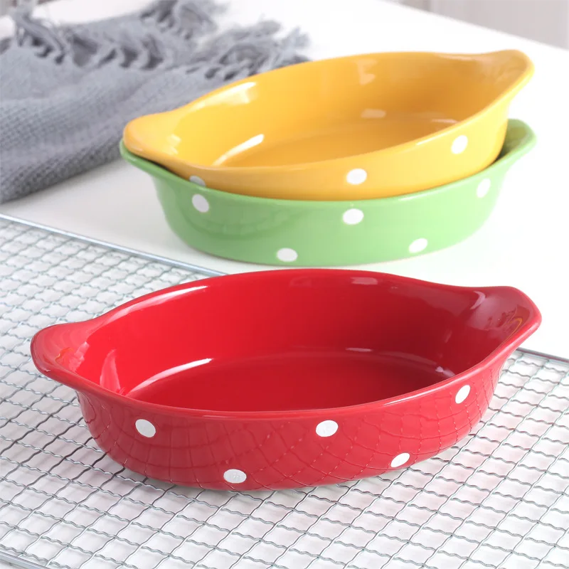 Polka Dot,Cheese Baked Rice Plates for Microwave, Ceramic plate, gravy boat, Oven Tableware, Home Dish, Baking Pan, Small  size