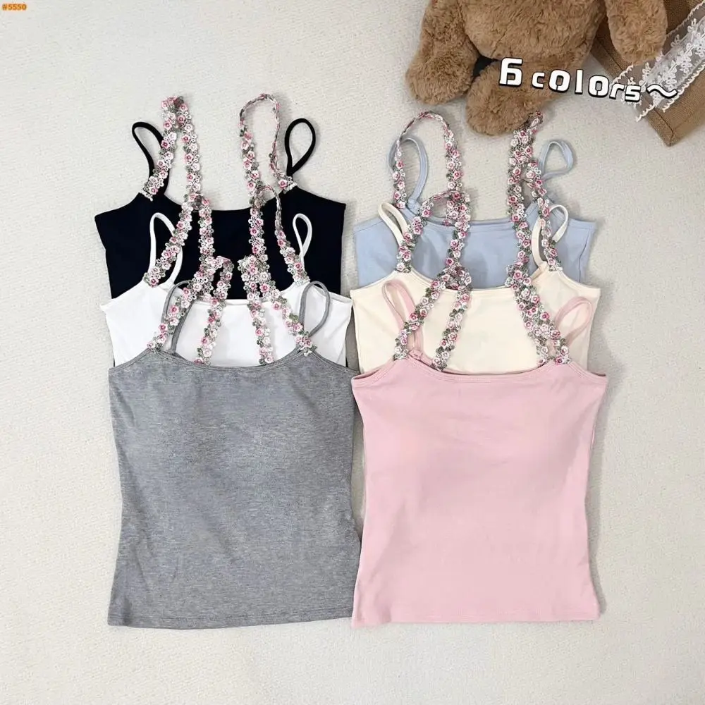 

With Chest Cushion Flower Shoulder Strap Vest Embroidery Slim Fit Korean Corset Women Streetwear Sleeveless Crop Tops Travel