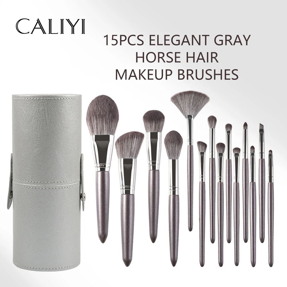 14 個エレガントなグレーのメイクブラシ馬の毛ホルダー付きクリーナーツールパウダーファンデーション眉毛アイシャドウアイライナーリップブラッシュ