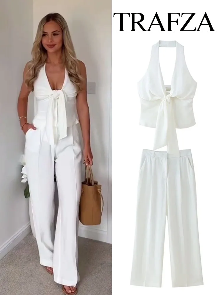 

TRAFZA Women Elegant Neck Halter Backless Design Short Top+Chic High Waist Side Pocket Solid Casual Zipper Long Pant 2 Piece Set