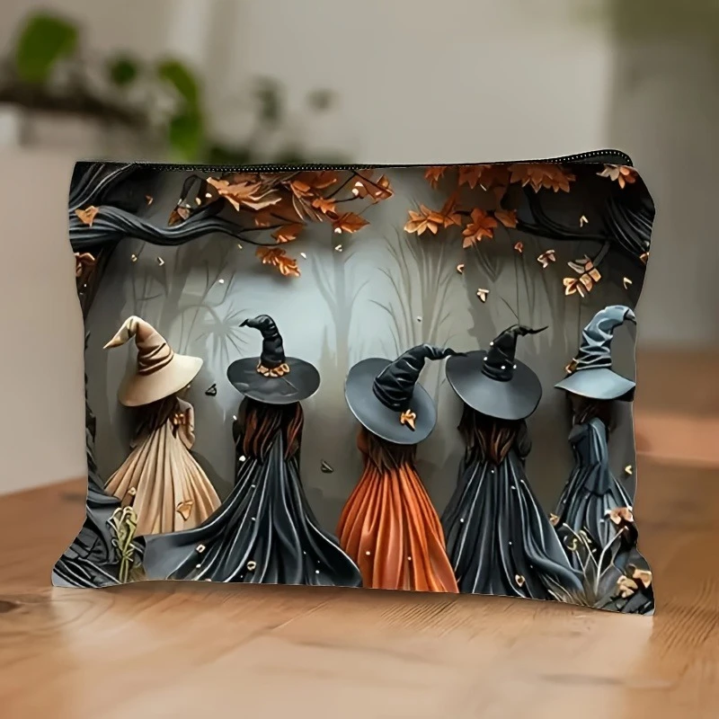 Witch-Themed Makeup Bag Dark Sun & Moon Cosmetic Bags with Zipper Closure Foldable Travel Toiletry Case Halloween Everyday Use
