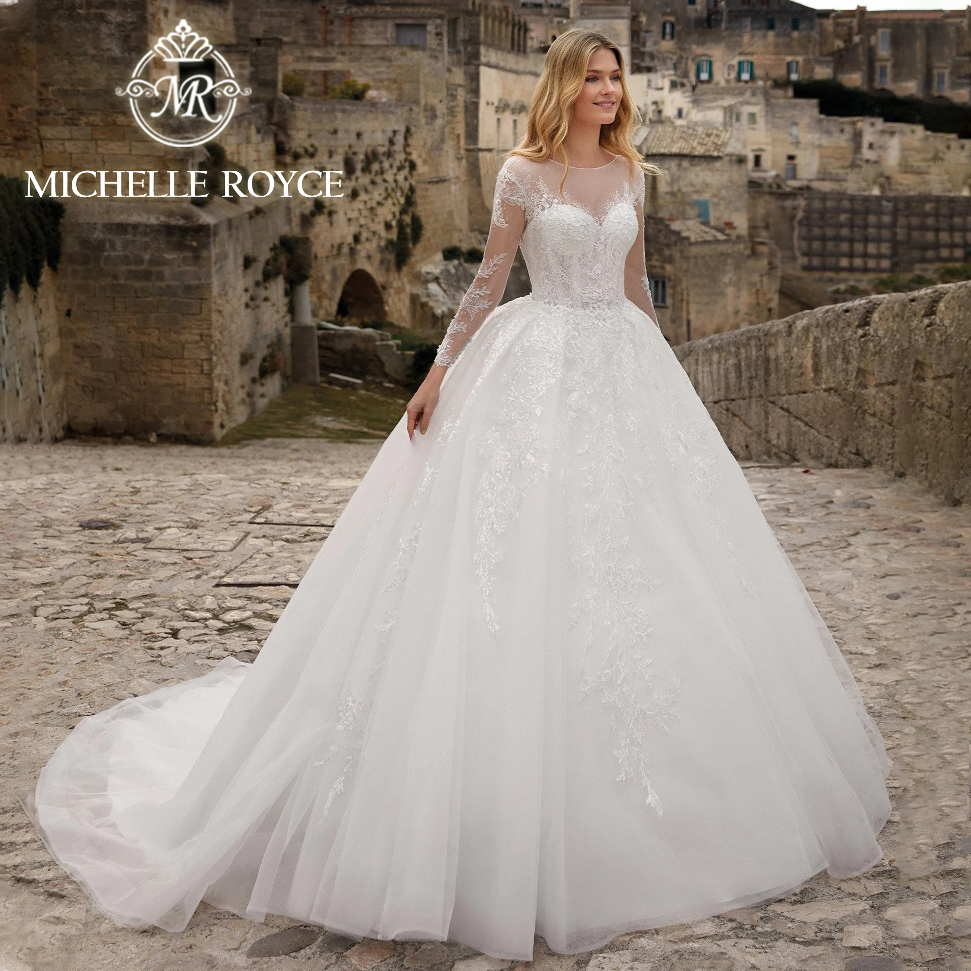 

Michelle Royce Long Sleeve Ball Gown Wedding Dress 2023 Sweetheart Appliques Sequined Customized Wedding Gown Vestidos De Novia