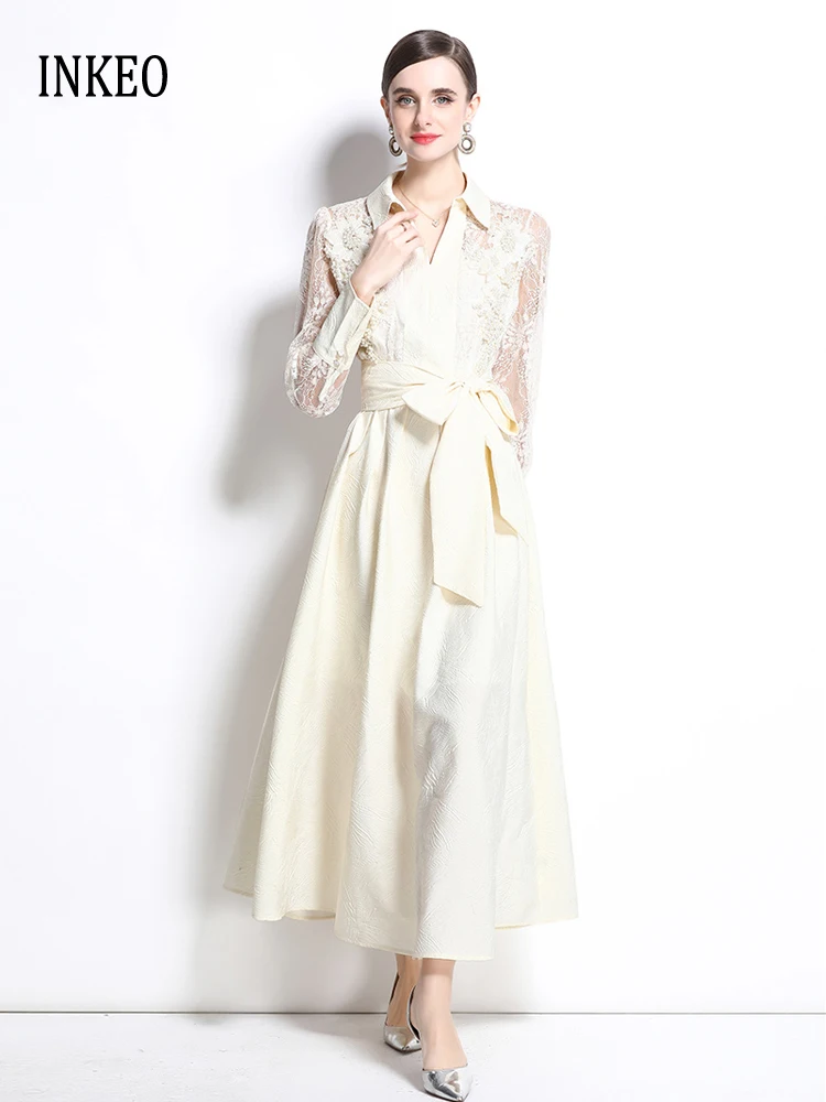 

Vintage Luxury Women's Pearl beading dress 2025 Spring Summer See-through Lace patchwork Midi dresses sashes Beige INKEO 5D073