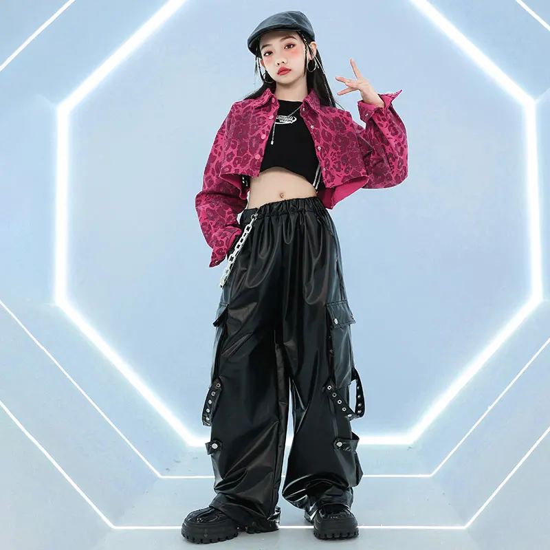Mädchen K-Pop Leopard Crop Top Hemd Cargo Hosen Kinder Hip Hop Jacke Street Dance Kleidung Sets Kinder Teenager Jazz coole Kostüme