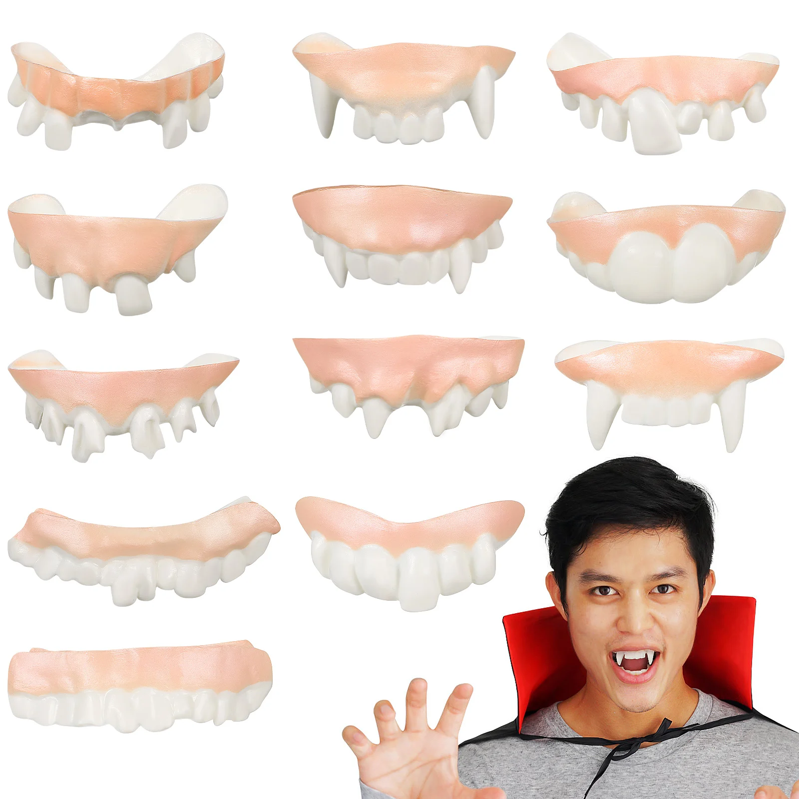 12 Uds. De dientes de vampiro falsos para Halloween, disfraz de dientes de broma, colmillos de Cosplay, accesorios decorativos para fiesta, colmillos de vampiro, accesorios para fiesta de Cosplay,