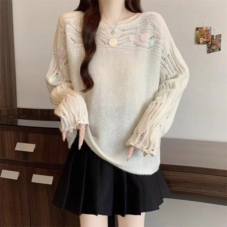 

Loose round Ne Pullover Sweater Women's Knitted Me Top Casual Sle Soft Polyester Fiber Trendy Chain Design Summer 2025