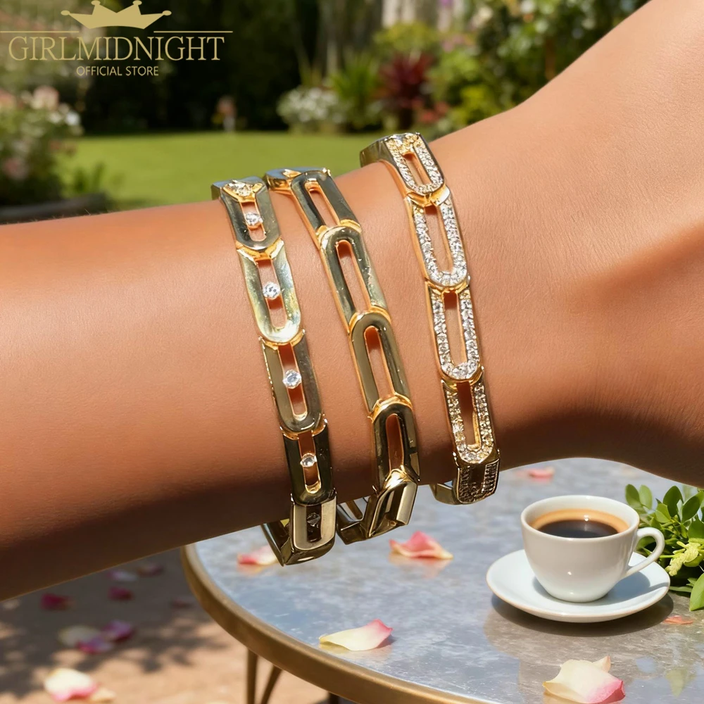 2026 New Gold Color Micro Pave Bling CZ Paper Clip Open Link Chain Bracelet Fashion Geometric Women Jewelry