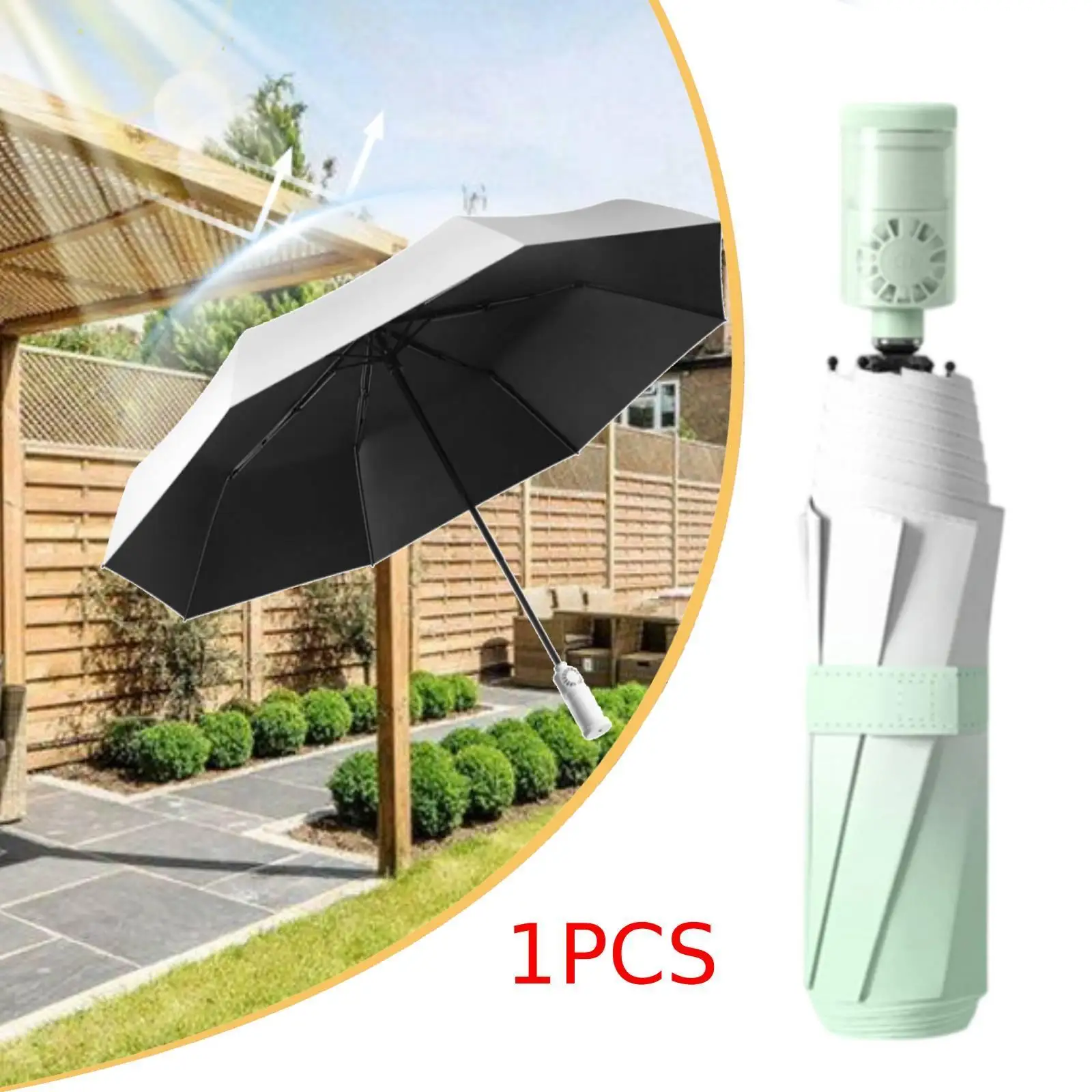 Dual Use Sun and Rain Umbrella with Fan Waterproof 8 Rib Compact Portable for Theme Parks and Festivals