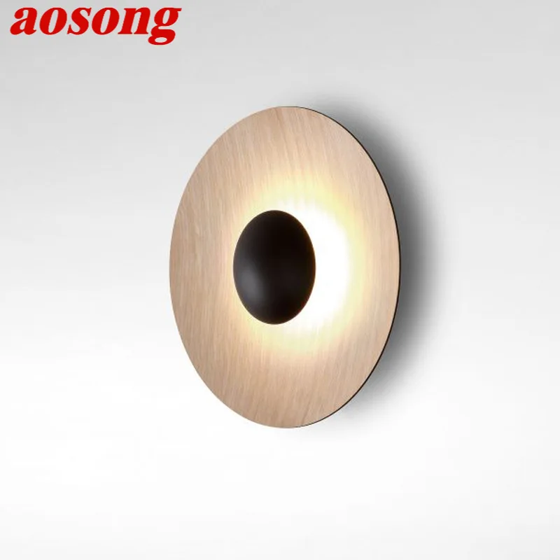 AOSONG Round Nordic Wall Lamp Aluminum Wood Grain Sconce Light New Design For Bedroom Creative