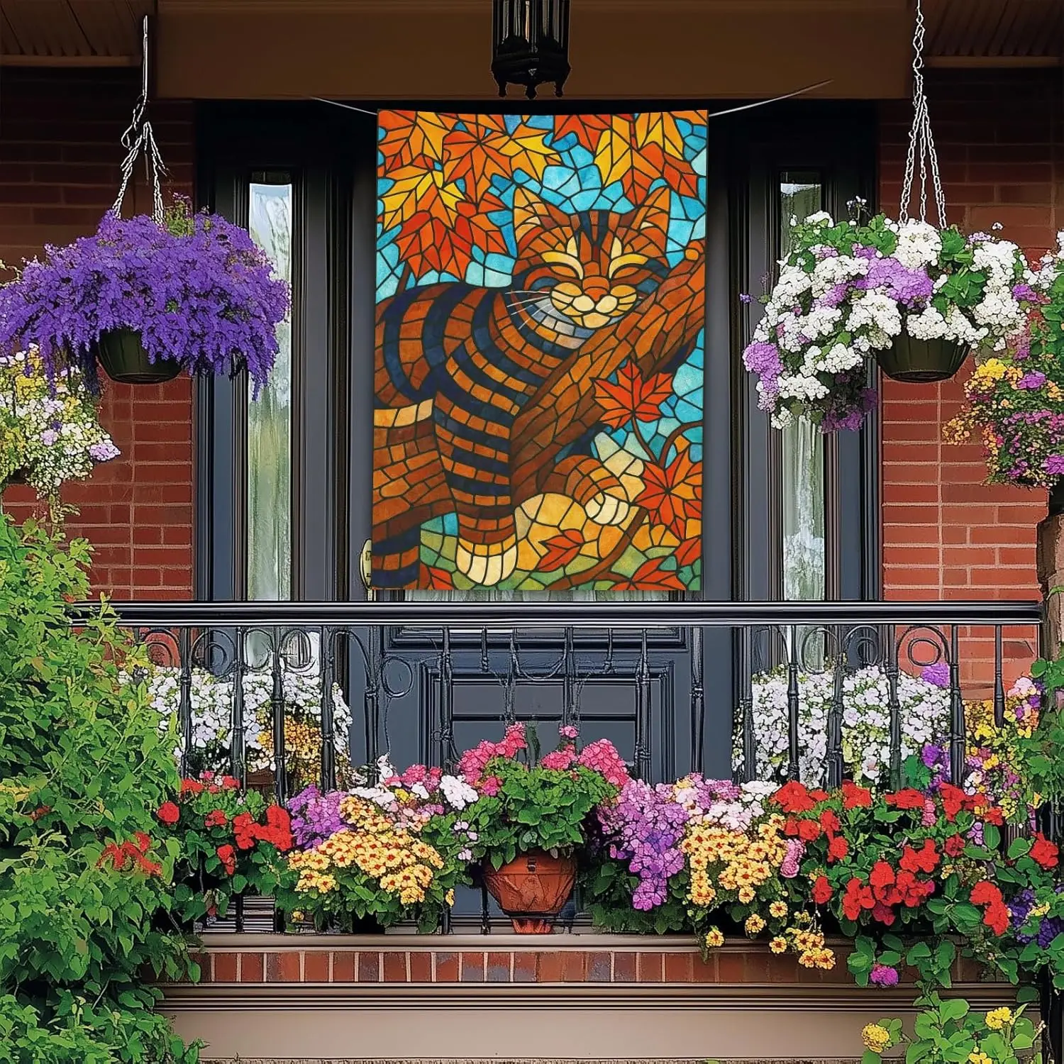 BlissYard Spring Summer House Flag 28 x 40 Inch Double Sided Garden Flag Cozy Fall Cat and Autumn Leaves for Fall Yard Banne zzo