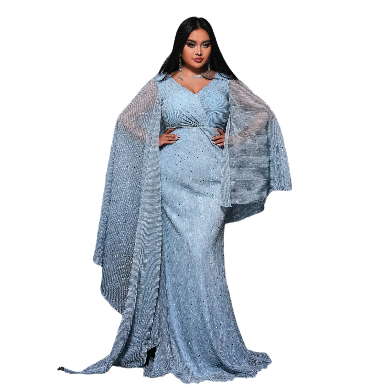 플러스 사이즈 롱 Sve V-넥 이브닝 드레스 반짝이는 스팽글 맥시 드레스 여성용 출퇴근 슬레 바디콘 스커트 중국 제작