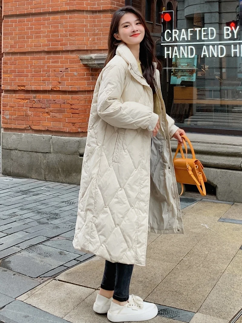 

Winter Korean Version Light and Thin Small Beige Apricot Diamond Grid Mid length Down Coat Women's Coat Trend