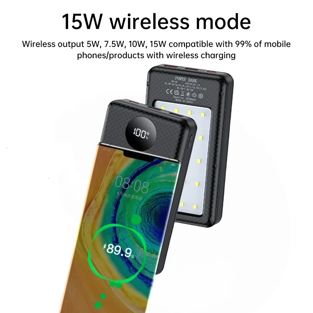 6*18650 20000mAh Power Bank Fall 22,5W Schnelle Lade 15W Drahtlose Lade Mobile Power Bank Gehäuse batterie Halter Für Telefon