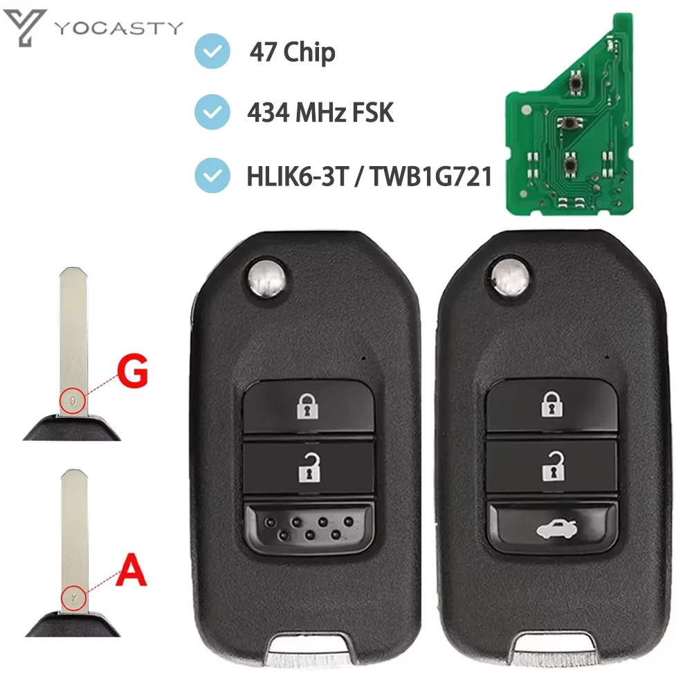 YOCASTY A/G Blade 433Mhz ID47 Chip Remote Key For Honda Accord Civic City CRV Jazz XR-V Vezel HR-V FRV FCC ID:HLIK6-3T TWB1G721