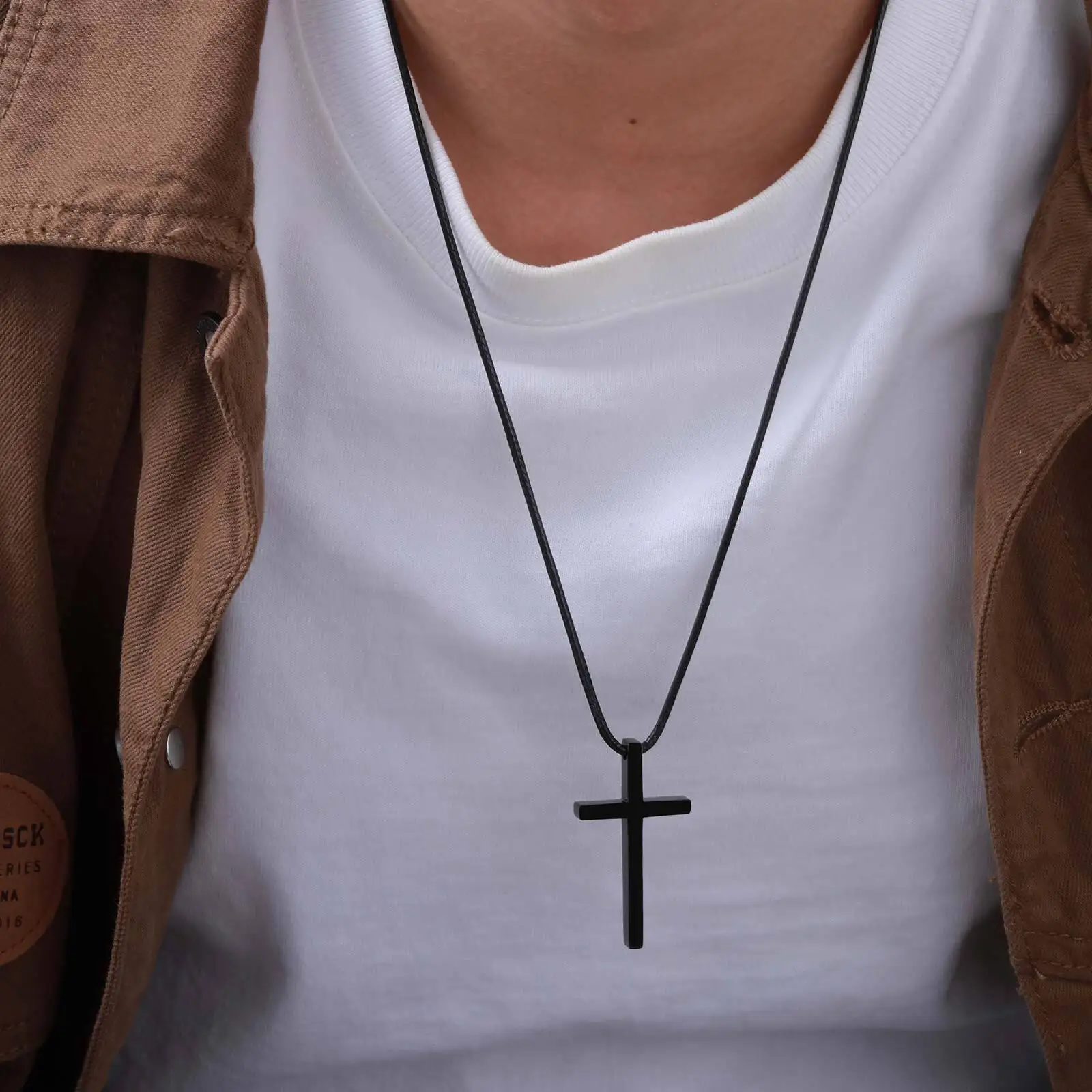 Simple Cross Pendant Necklaces for Men Boys,Stainless Steel Jesus Pendant with Black Wax Rope, Religious Prayer Blessing Gift