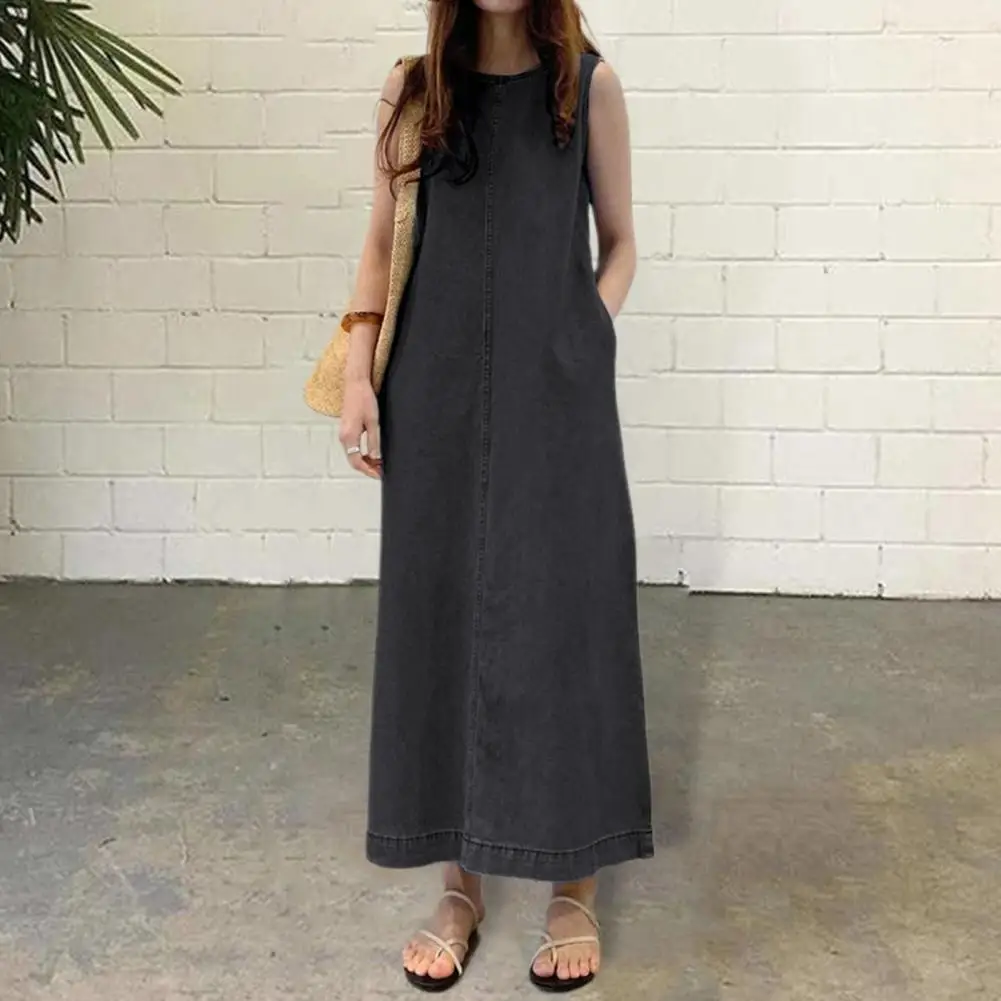 

Women Long Dress Stylish Ankle-length Maxi Dress with Side Pockets Elegant Robe Type Vest for Wear Dating Women Round Neckline