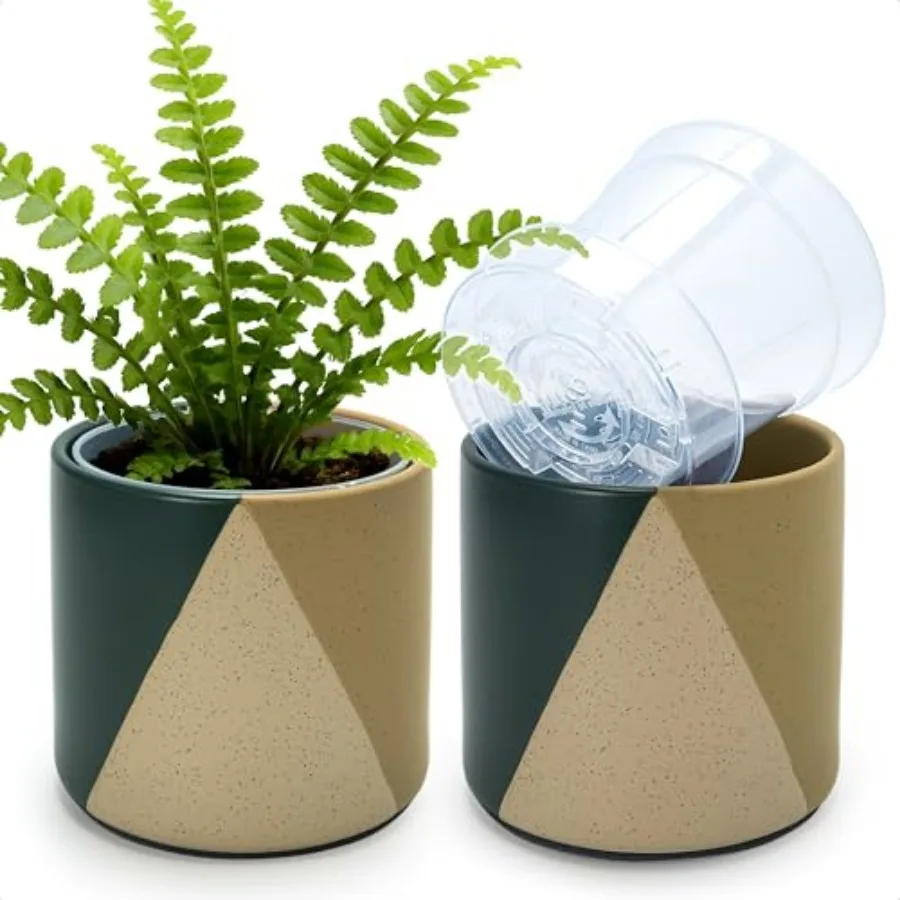 

6.5" Stoneware Cachepot Planter with 6" Clear Nursery Pot and Detachable Saucer Indoor Plant Pot with Drainage for Bottom Water