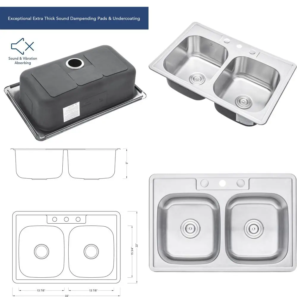 Pia de Cozinha Dupla de Aço Inoxidável 33 Polegadas, Calibre 18, Divisão 50/50, 3 Furos para Torneira