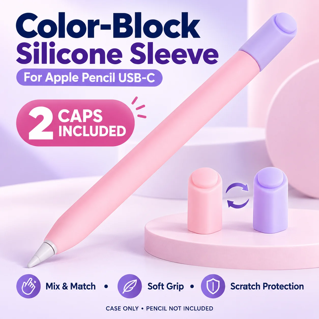 Silicone Protective Sleeve for Apple Pencil USB-C Anti-Slip Stylus Cover 2 Interchangeable Caps Scratch-Resistant Pencil Case