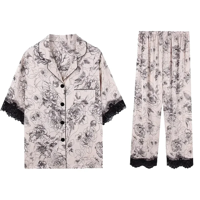 

Elegant Lace Ink Peony Print Women's Pajamas Chinese Style Classical Art Aesthetics Nightwear 2024 New Summer Y2k Lady Sleepwear