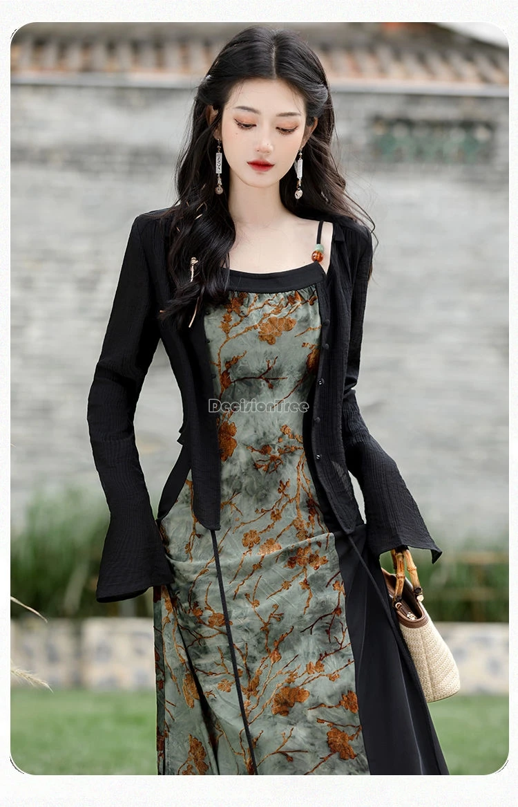 2024 chinese style vintage modern daily hanfu set ink tie-dye slim temperament split suspended dress elegant versatile cardigan