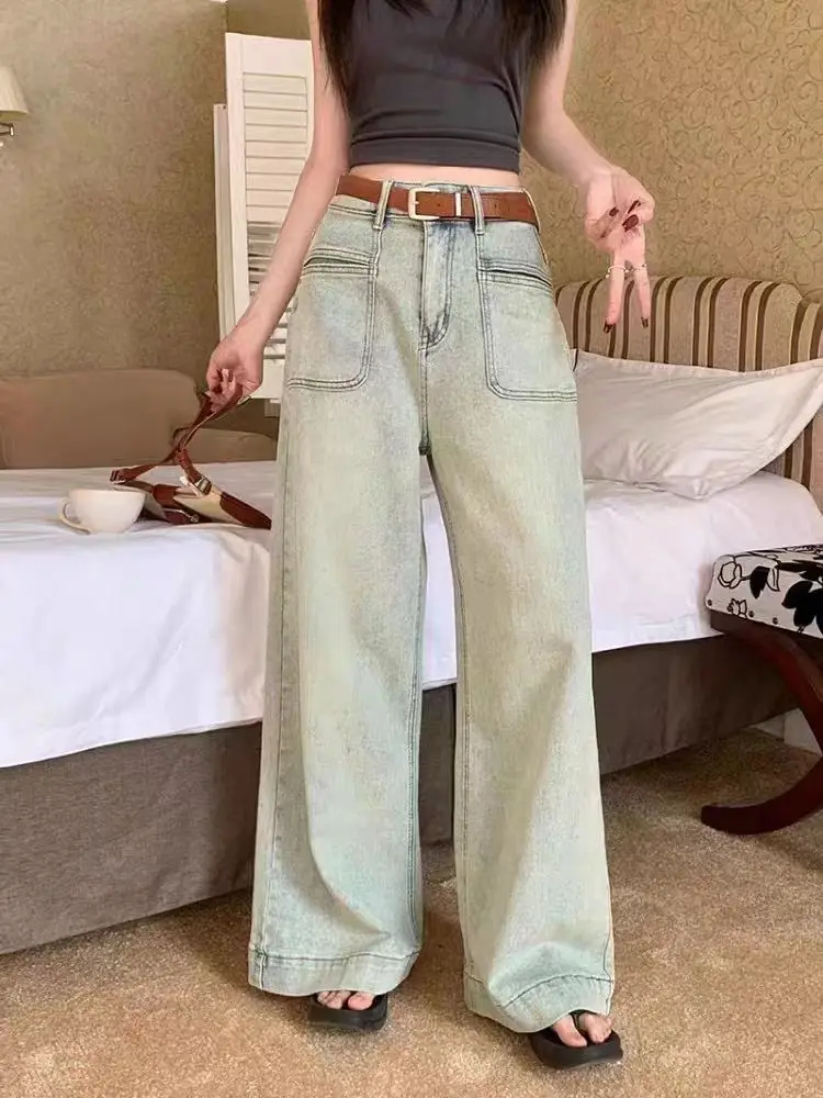 2024 Baggy Jeans Retro Washed Jeans Women's High Waisted Wide Leg Pants Straight Drape Floor-Mopping Pants Women's Y2k Clothes