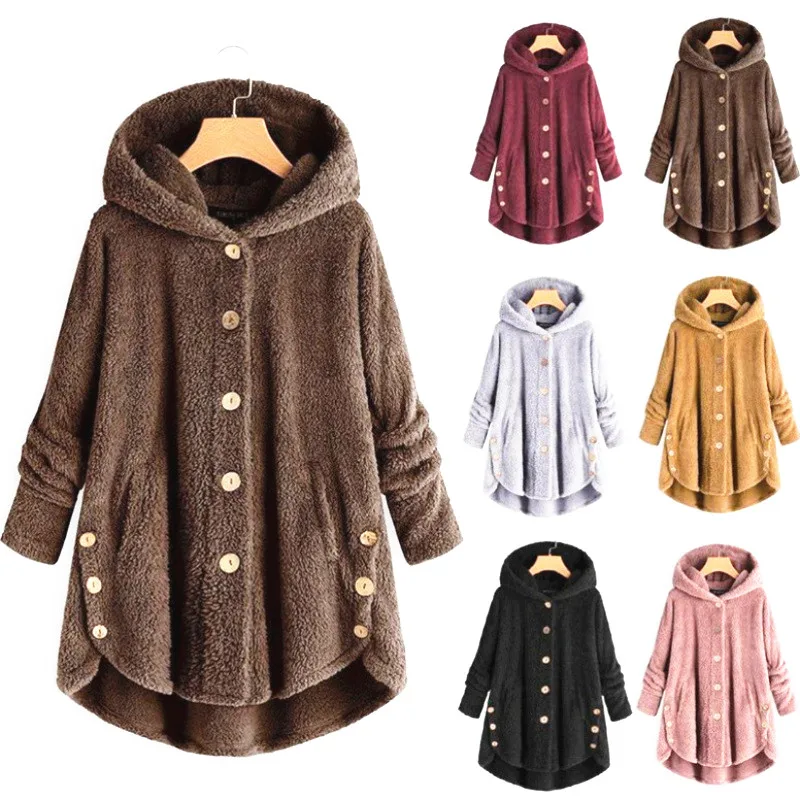 Spring Fashion Women Cap  Button Plush Top Irregular Solid Color Casual Coat