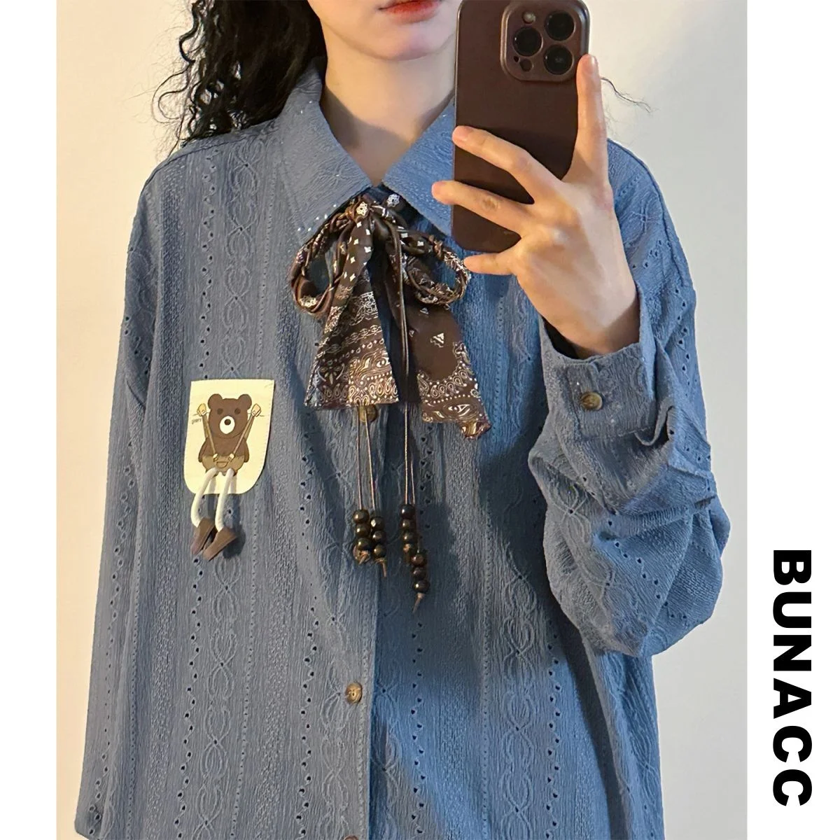 

Retro American Sle Long Sve Corduroy Loose Women's irt BUNACC2026 Spring Faionable Collar with Tie Design